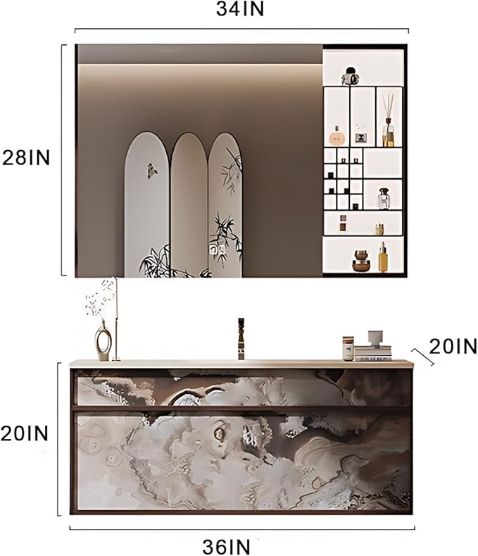 36IN Modern Bathroom Vanity with Sink - Bathroom Vanity with Drawer Organizer, LED Mirror Lights & Defogging Function | Wall - Mounted Vanity with Silver Sink Faucet