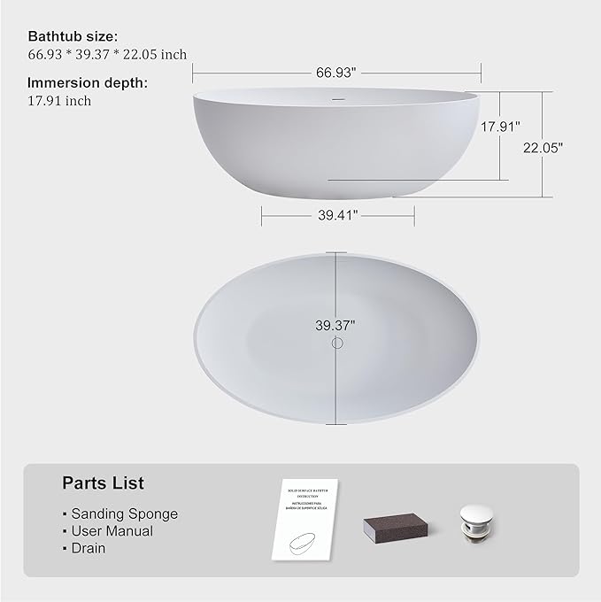 SJ STAR&JANE 67" x 39" Matte White Solid Surface Freestanding Bathtub, Oval Soaking Extra Wide Tub with Overflow and Pop-up Drain for Bathroom