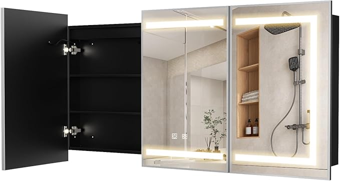 APRILSOUL 60X32 Inch Silver Bathroom Medicine Cabinet with Mirror, Recessed or Surface Lighted Medicine Cabinet with 3 Colors Temperature, Dimmable Light