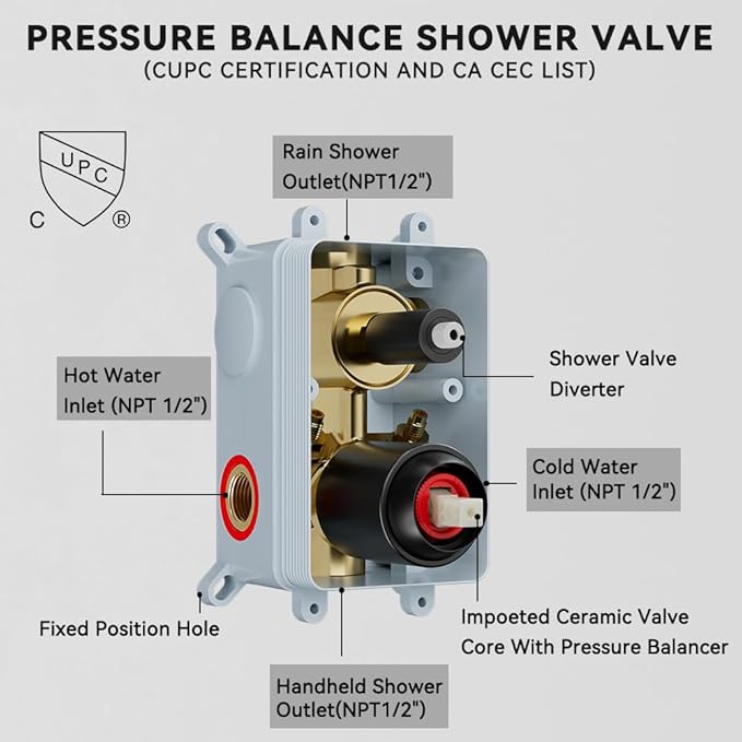 Shower Faucet Set Matte Black Shower System, Starbath 12" Rain Shower Head and Handheld Spray Shower Set Complete Ceiling Mounted,2 Way Pressure Balance Shower Valve and Trim Kit Included