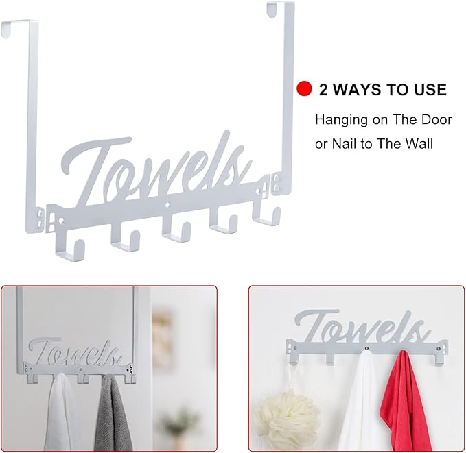 Over The Door Hooks, Towel Rack for Bathroom Towel Holder for Hanging Heavy Duty, Over Door Towel Hanger with 7 Coat Hooks for Bedroom Bathroom Kitchen Towels, Silver