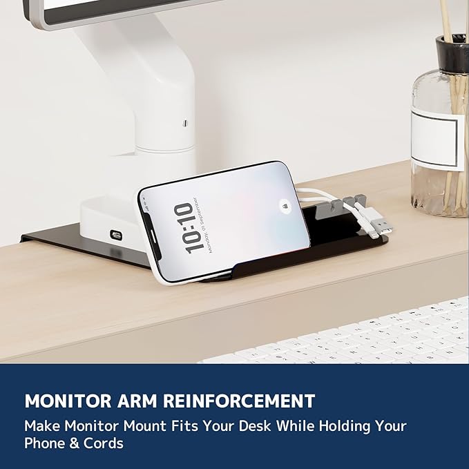 Monitor Arm Reinforcement Plate - with Phone Holder and Hook, for Thin, Glass and Other Fragile Tabletop, Compatible with Most Monitor Stand C-Clamp Installations, Anti-Slip, Black