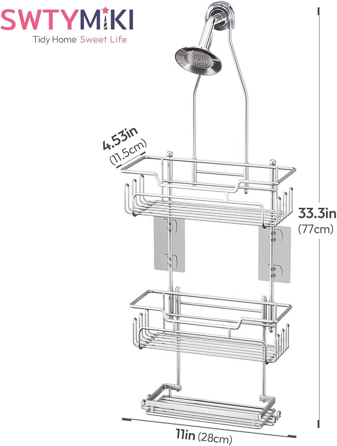 SWTYMIKI Bathroom Shower Caddy Hanging - 3 Tier Rustproof Over Shower Head Organizer, No Drilling Bathroom Shelf with 16 Hooks & Soap Holder, Anti-Swing Rack, Sand Nickel, Medium