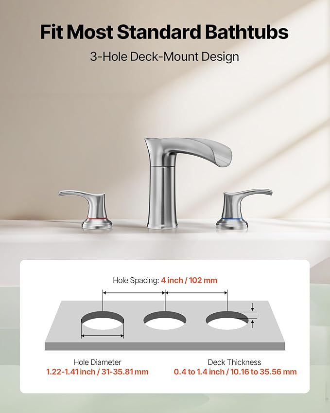 VEVOR Roman Tub Faucet, 3 Hole Waterfall Bathtub Faucet, Zinc Alloy Bath Tubs Faucets Set with 2 Handles, Deck Mount Bath Tub Faucets Set for Pet Washing, Adult Bathing, Silver, Hot & Cold Control