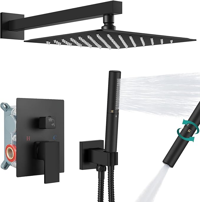 Aolemi Shower Faucet Set, High Pressure Shower System with 2-in-1 Handheld Sprayer, Wall Mount Fixture Combo with Rough-in Valve, 12 Inch Shower Head, Matte Black