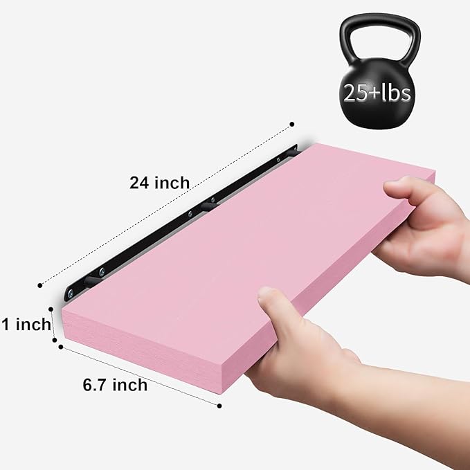 SAUMONIERES 24 Inch Floating Wall Shelves for Bedroom Bathroom Wall Mounted Solid Wood Shelf Storage Decor Set of 2, Pink Floating Shelves