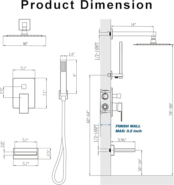 Shower System with Tub Spout, All Metal Tub Shower Faucet Set with 10" Rain Shower Head and Handheld Spray combo, Wall Mounted Tub Shower Systems with Valve and Trim Kit, Brushed Nickel