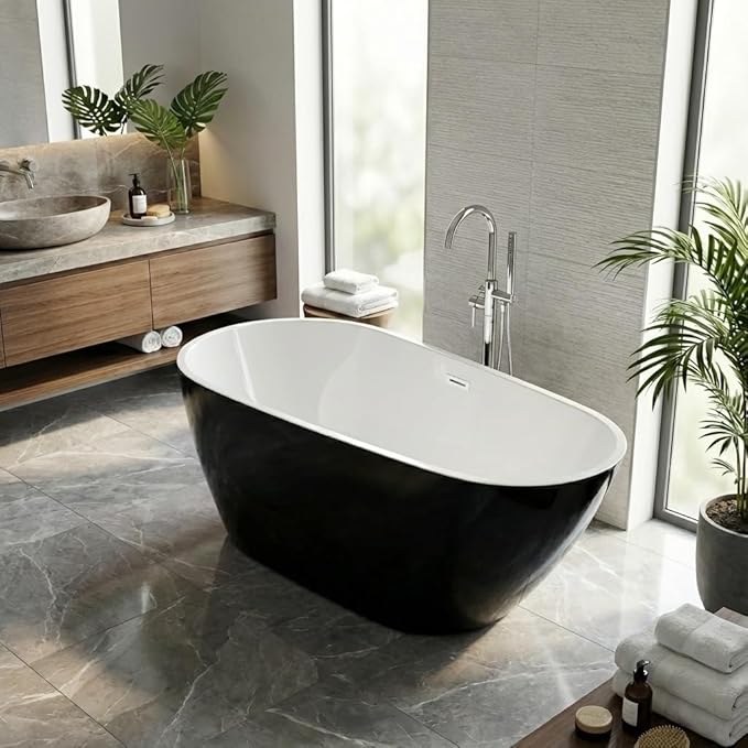 Bathtub with Upturned Ends, CUPC Chrome Drain and Overflow, White Interior and Black Exterior, Built-in Overflow, Fiber-Coated Fixing Bracket