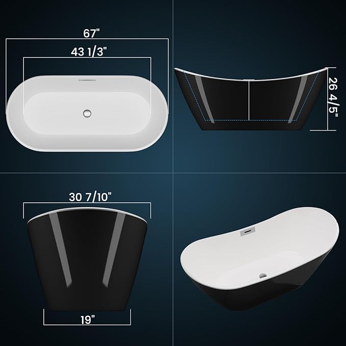 Luxury Acrylic Freestanding Bathtubs 67 Inch – Extra Large Free Standing Soaking Tub with Integrated Overflow & Pre-Installed Pipe,Black & White, Modern Bathroom Upgrade for Spa-Like Comfort