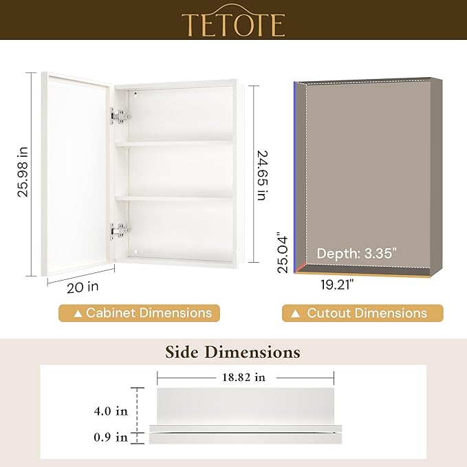 TETOTE 20" x 26" White Medicine Cabinet with Stepless Adjustable Shelves Beveled Mirror with Storage for Bathroom Vanity Recessed or Surface Wall Mount