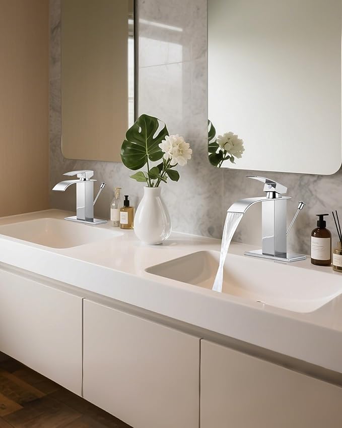 Bathroom Faucets with Lift Rod Drain Chrome Waterfall Bathroom Sink Faucet Modern Single Handle Bathroom Faucet for 1 or 3 Hole Mxier Tap Washbasin Faucet with Deck