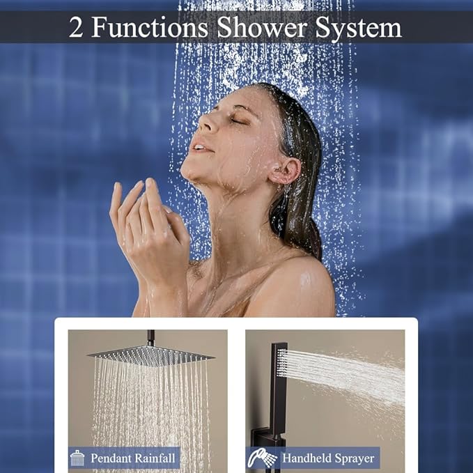 12 Inch Oil Rubbed Bronze Ceiling Mount Shower System Bathroom Luxury Rain Mixer Shower Combo Set Ceiling Rainfall Shower Head System Faucet Contain Rough-in Valve and Trim Included