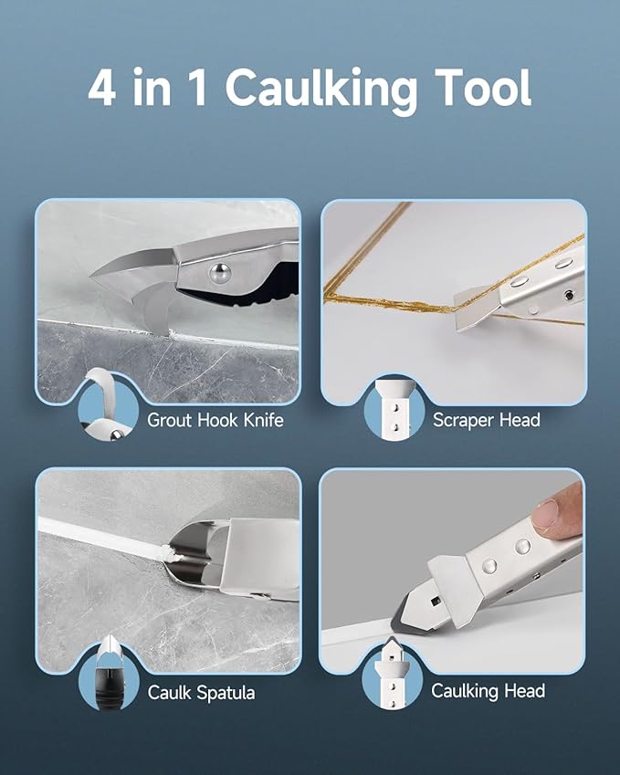 Silicone Caulking Tool Kit, Stainless Steel Caulk Remover Tool, 4 in 1 Grout Removal Tool for Bathroom, Kitchen, Floor, Window, Sink Joint, Frames Seal