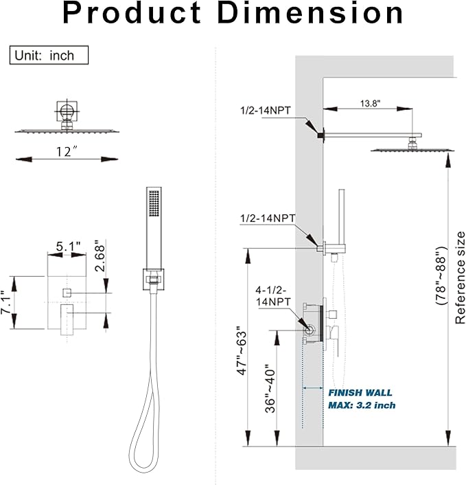 Shower System, Gold Shower Faucet Set with 12-Inch Rain Showerhead and Handheld Spray, Wall Mounted High-Pressure Showerhead Combo Set Included Valve and Trim, Brushed Gold