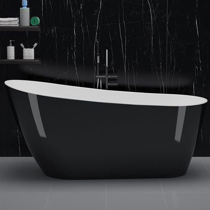 Acrylic Freestanding Bathtub, Soaking Tub, Deep Upright Bathtub with Built-in Drain and Overflow, Contemporary Free Standing, Black Elegant Finish, 67inch