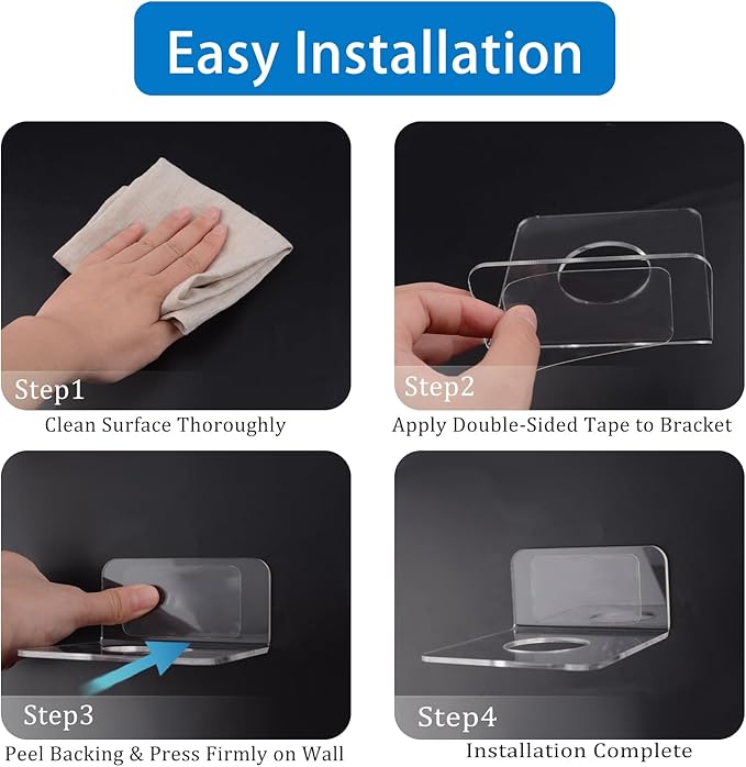 2PCS Acrylic Electric Shaver Holder, No-Drill Adhesive Wall Mount for Razor, Transparent Bathroom Organizer