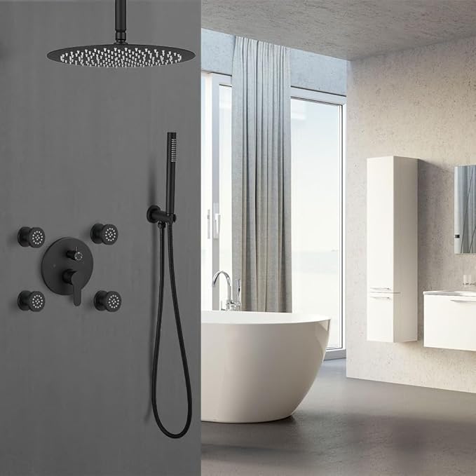 Matte Black Round Shower Faucet Set with Body Jets 10 Inch Shower Head Handheld Shower Combo Set High Pressure Ceiling Mount with Rough-in Valve