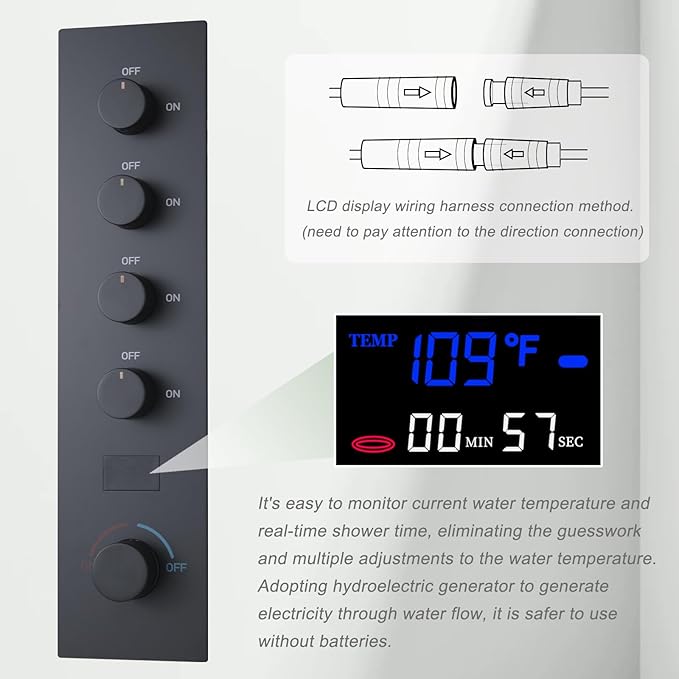 Matte Black Digital Display Shower System with 16X24 inch Ceiling Overhead Shower Head(Rain & Waterfall Two Modes), 4 PCS Body Jet and Handheld Spray
