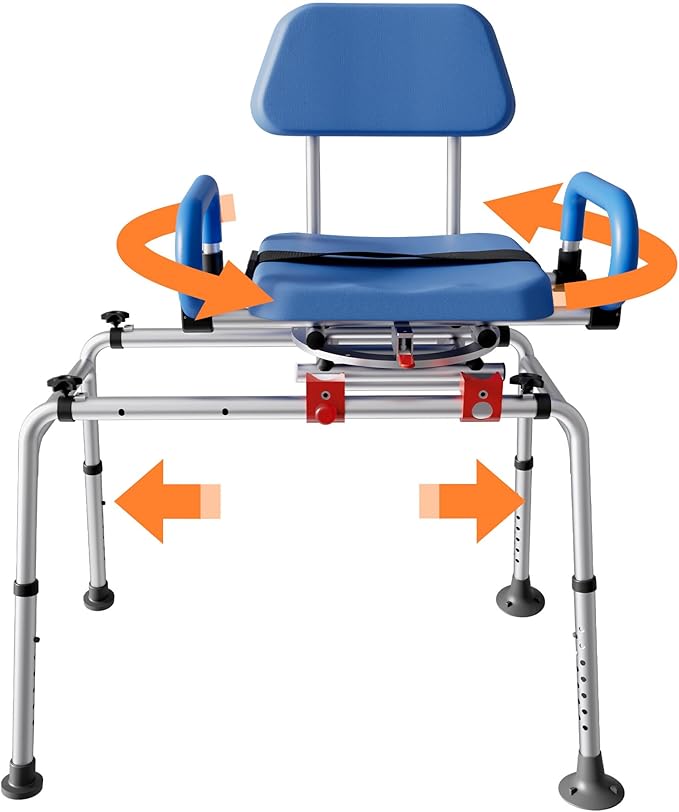 VOCIC Sliding Shower Chair with Swivel Seat, Swivel Tub Transfer Bench, Shower Bench for Elderly, Adjustable Height Bathtub Bench with Armrests & Swivel Padded Seat & Safety Belt, AX19