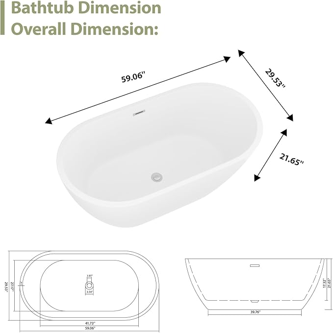 59" Acrylic Freestanding Bathtub - Mocoloo White Oval Shape Soaking Bath Tub with Stainless Drain and Overflow Assembly for Classic Modern Bathrooms
