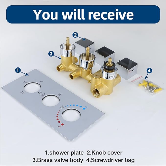 HOMEDEC Brass 4 Ways Shower Diverter Valve, Thermostatic 4 Outlets 3 Handles Control Shower Mixing Valve Trim Kit Replacement, Rough In, Chrome