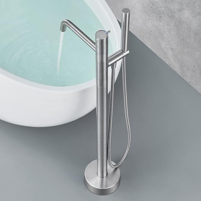 Freestanding Bathtub Faucet Floor Mount Tub Filler Brushed Nickel Brass Single Handle Bathroom Faucets with Hand Shower