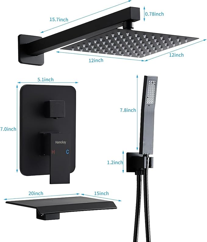 12 inch Matte Black Shower System with Tub Spout, Shower Faucet Set with Rain Shower Head and Handheld 3-Setting, Waterfall Bathtub Spout Rainfall Shower Combo Set for Bathroom Wall Mounted
