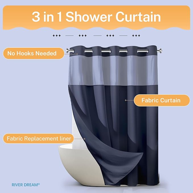 River Dream Heavyweight No Hooks Required Dotted Waffle Weave Shower Curtain with Snap in Liner -Extra Long 71W x 86H,Hotel Grade,Spa Like Bath Curtain,Navy
