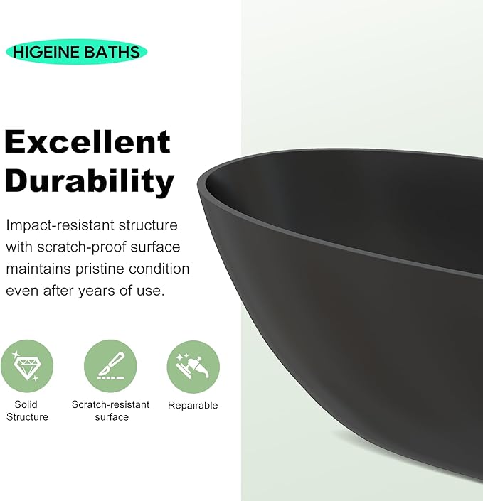 55" Premium Solid Surface Freestanding Bathtub, Upgraded Oval Stone Resin Tub with Overflow and Pop-up Drain, Matte Black