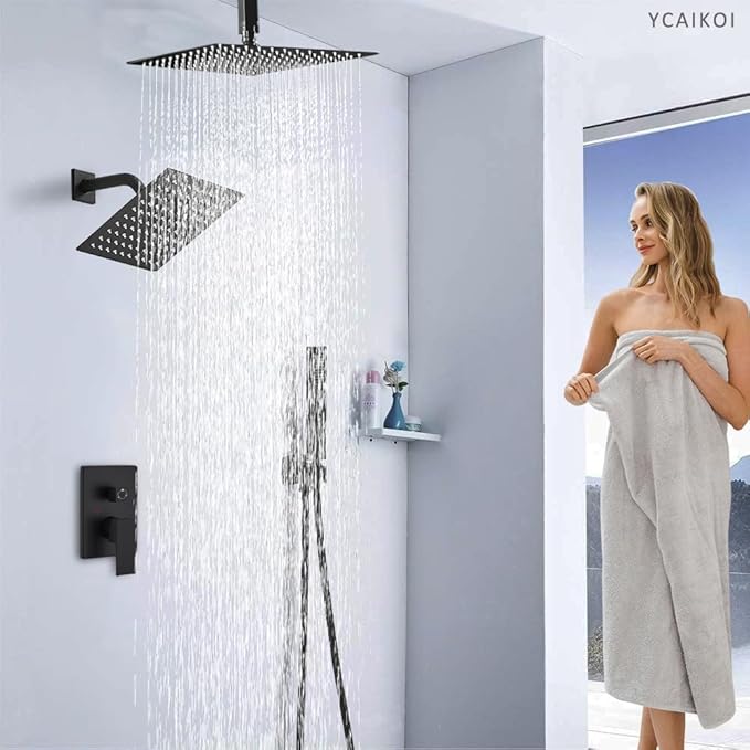 Shower Faucet Set Matte Black Shower System, Knob Switch Diverter Shower Faucet with High Pressure Handheld Spray, Ceiling Mount 10 Inch Shower Head with 6 Inch Wall Mount Shower Head