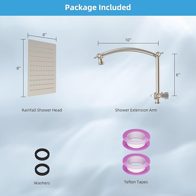 Hibbent All Metal Rain Shower Head, 8'' High Pressure Rainfall Square Showerhead with 16" Shower Extension Arm, Solid Brass Adjustable Shower Arm Extender, Waterfall fixed Showerheads, Brushed Nickel