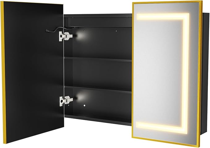 APRILSOUL 40X32 Inch Gold Bathroom Medicine Cabinet with Mirror, Recessed or Surface Lighted Medicine Cabinet with 3 Colors Temperature, Dimmable Light