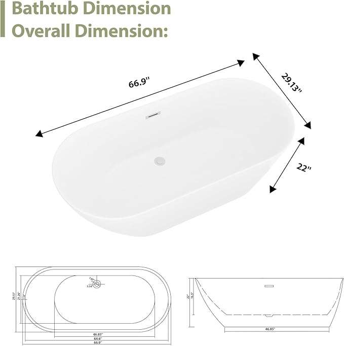 Mocoloo 67" Acrylic Freestanding Bathtub Contemporary Soaking White Bath Tub with Gold Overflow and Drain