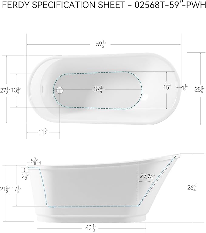 FerdY Langkawi 59" Acrylic Freestanding Bathtub, White Modern Stand Alone Soaking Bathtub, cUPC Certified, Polished White Drain and Minimalist Linear Design Overflow Included, Easy to Install, 02568T
