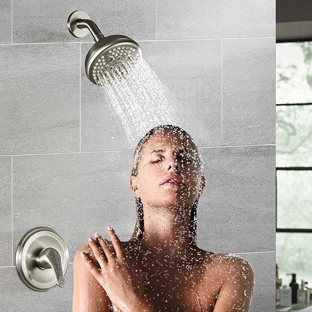 KINSE Shower Faucet Set, 5 Spray Rain Shower Fixtures, 5inchShower Head and HandleSet, Brushed Nickel shower kit with valve and shower head