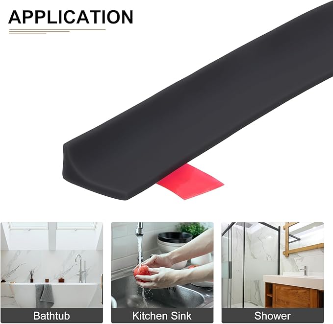 39"x0.8"x0.5" (LxWxH) Collapsible Shower Barrier Stopper - 1 Pack - Good for Bathroom Kitchen - L Shape Water Splash Guard Blocker - Black