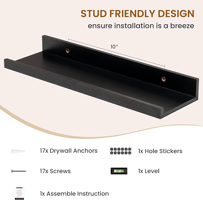 Axeman Picture Ledge Shelf, Floating Shelves for Decor Storage Set of 6, 16 inch Floating Wall Mounted Shelves, Wall Shelves with Lip for Living Room, Bedroom, Nursery, Bathroom, Kitchen, Black