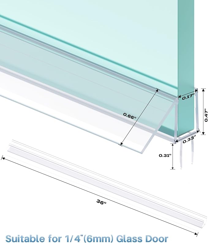 Shower Door Bottom Seal Strip, 2PCS Seal Strip, Clear PVC, 36" Length, Fits 6mm Thick Glass, Prevents Leaks, Easy Installation, No Adhesive Required (Ultra Clear & Black, 36in for 1/4"(6mm) Door)