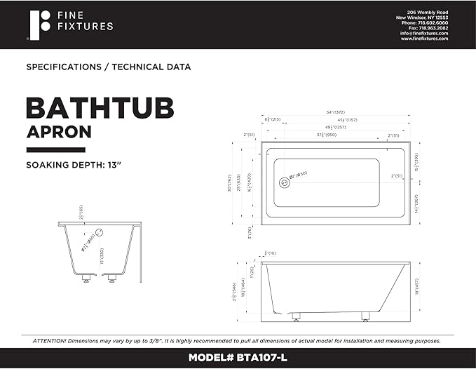 Fine Fixtures Acrylic, Fiberglass Alcove Soaking Bathtub with Integral Apron Front in Glossy Black - Left Hand Drain, 54" x 30"