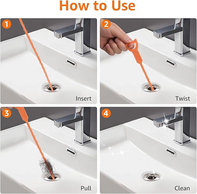 Amazon Basics Flexible Drain Clog Remover Snake Tool, Effective for Hair and Debris Cleaning, 19.6-Inch, 12 Pack