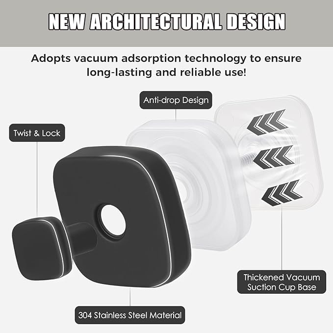 2Pcs Square Suction Cup Hook, 304 Stainless Steel Shower Hook, Removable Suction Cup Knob for Shower, Bathroom, Kitchen, Glass Door, Mirror (Black)