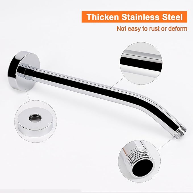 HarJue Shower Arm with Flange and Teflon Tape, Wall Mounted Shower Pipe 304 Stainless Steel Extension Arm for Fixed Shower Head & Handheld (12 Inches, Chrome)