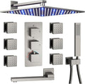 Brushed Nickel 4 Way Full Body Thermostatic Shower Faucet System 12 Inch Luxury Rain Shower System with Tub Spout, Handheld Shower and 6 PCS Body Jets Shower Fixtures