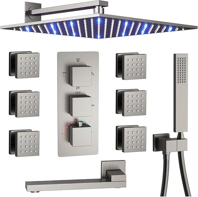 Brushed Nickel 4 Way Full Body Thermostatic Shower Faucet System 12 Inch Luxury Rain Shower System with Tub Spout, Handheld Shower and 6 PCS Body Jets Shower Fixtures