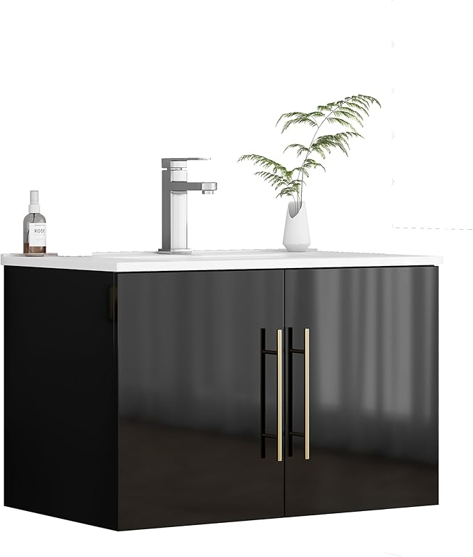 30" Wall Mounted Bathroom Vanity with Sink, High Gloss Black Floating Cabinet, Modern Gold Handles, Soft Close Doors, Integrated Ceramic Top for Powder Room