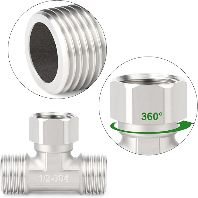 TAISHER 2PCS 304 Stainless Steel 3 Way Top Flexible Movable Tee Connector, 1/2" Male for Sprayer, Angled Valve, Shower Arm