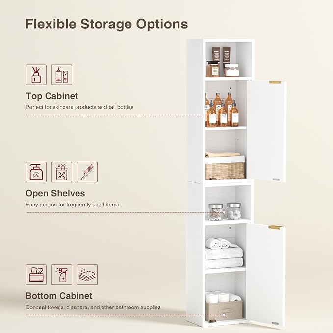 59.1" Tall Slim Bathroom Storage Cabinet White | Freestanding or Wall Mounted Modular Cabinet, Fluted Panel Linen Tower with Adjustable Shelves for Small Spaces