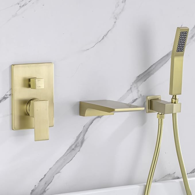Wall Mount Roman Tub Filler Faucet Single Handle Bathroom Bathtub Faucet with Hand Sprayer Waterfall Tub Faucet with Hand Shower, Brushed Gold
