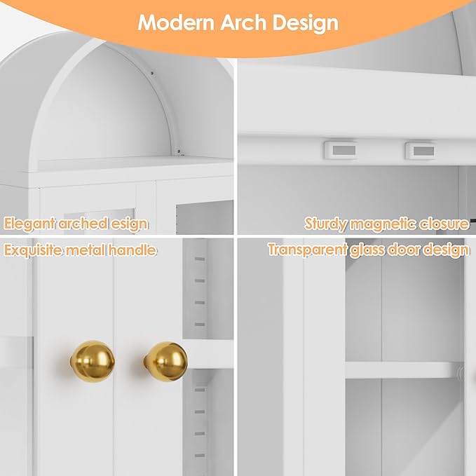 Arched Wall Cabinet, Bathroom Wall Mounted Cabinet with Glass Display Doors, Adjustable Shelves for Bathroom, Living Room, Dining Room, Laundry, Kitchen
