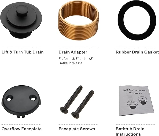Black Bathtub Tub Drain Conversion Kit Assembly, Wellup Lift and Turn Twist Tub Drain Trim Kit with Two-Hole Overflow Faceplate, Matte Black